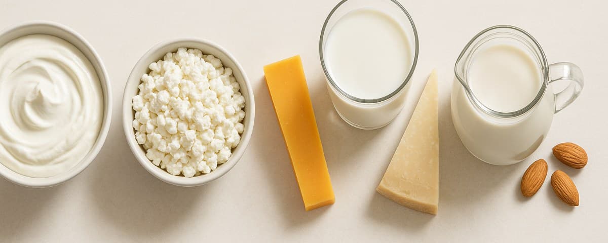 Plain Greek yoghurt, cottage cheese, hard cheese, a glass of milk and unsweetened almond milk