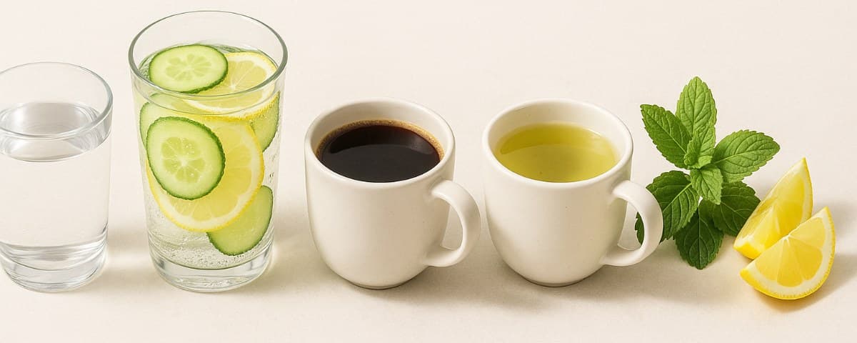 Still and sparkling water with lemon and cucumber, black coffee and green tea