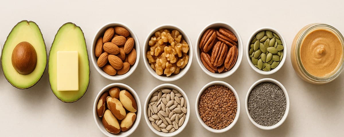 Olive oil, avocado, butter, nuts, seeds and a jar of natural nut butter