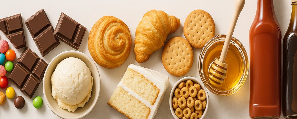 Sugar cubes, cola, sweets, chocolate, cake, pastries, ice cream, honey and sugary cereal