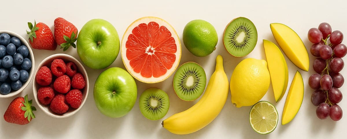 Whole fresh fruit: berries, green apples, grapefruit, kiwi, lemons, limes, banana and grapes