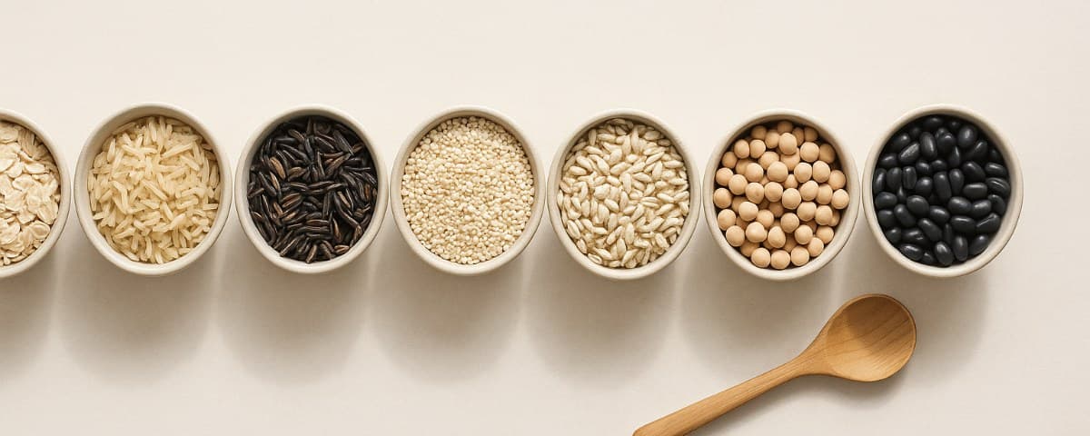 Small bowls of oats, brown rice, quinoa, barley, lentils, chickpeas and beans