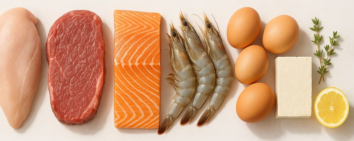 Raw chicken, steak, salmon, prawns, eggs and tofu laid out on a light surface