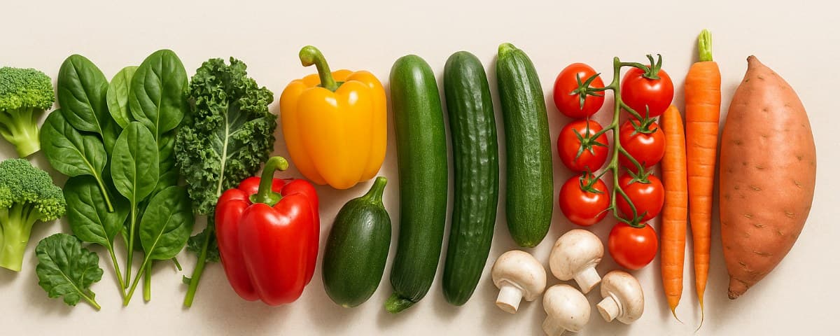 A row of fresh vegetables: broccoli, spinach, peppers, courgette, tomatoes, mushrooms and carrots